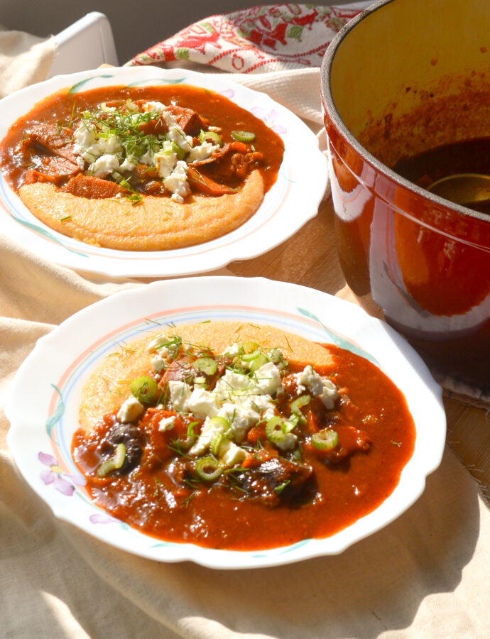 Ragoût de Patate Douce aux Pruneaux, Polenta au Lait Ribot (végétarien)